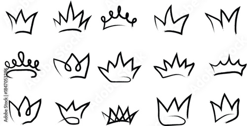 Hand Drawn Black Crowns Collection on White Background