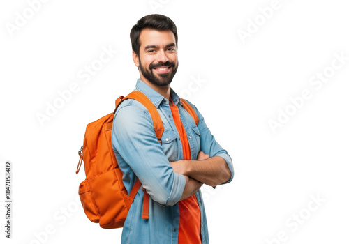 Smiling man with orange backpack isolated on transparent background