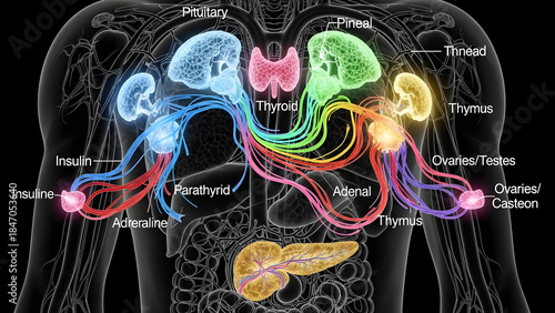 Colorful endocrine system diagram with labeled glands and hormones