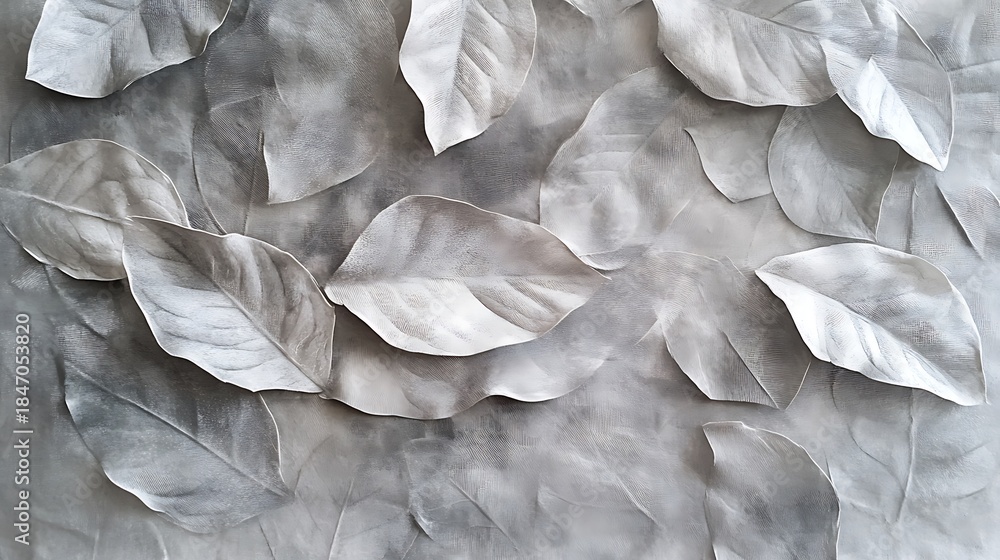 Fototapeta premium Soft grey canvas with cloudy textures and natural vein patterns resembling leaves 