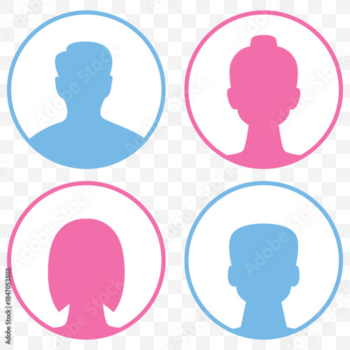 Vector illustration of eight black silhouette figures with various hairstyles and head shapes faces up On Transparent Background. EPS 10