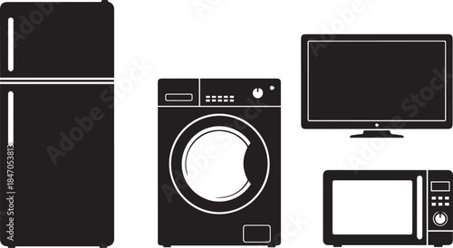 Household appliances including refrigerator washing machine television and microwave in silhouette for modern homes