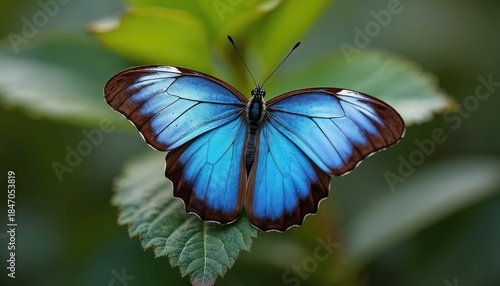 Bright blue butterfly with dark brown borders rests on green leaf, its wings open wide. Tiny antennae point upward. Soft green bokeh background. Macro shot.