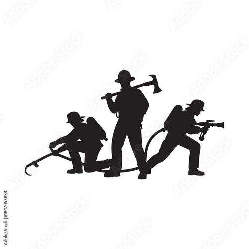 Silhouettes of firefighters working together battling a blaze with courage