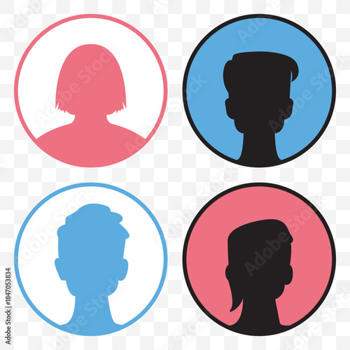 Vector illustration of eight black silhouette figures with various hairstyles and head shapes faces up On Transparent Background. EPS 10