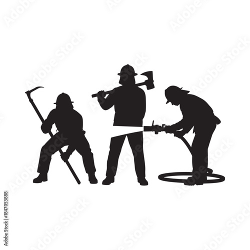 Silhouette of firefighters working together wielding tools against a blaze