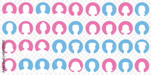 Big set of Silhouette avatar icon set, male and female profiles, round frame user icons, default headshots, blank photo placeholder, vector design On Transparent Background. EPS 10.