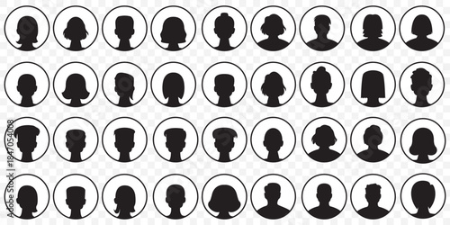 Big set of Silhouette avatar icon set, male and female profiles, round frame user icons, default headshots, blank photo placeholder, vector design On Transparent Background. EPS 10.
