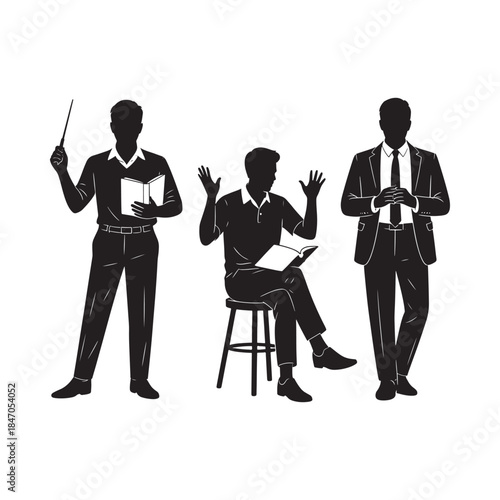 Silhouettes of three men in business attire engaging in discussion or presentation