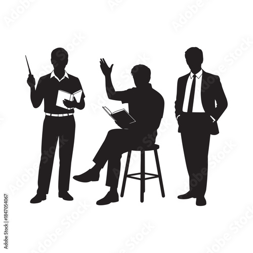 Silhouettes of three men in business attire discussing and presenting ideas
