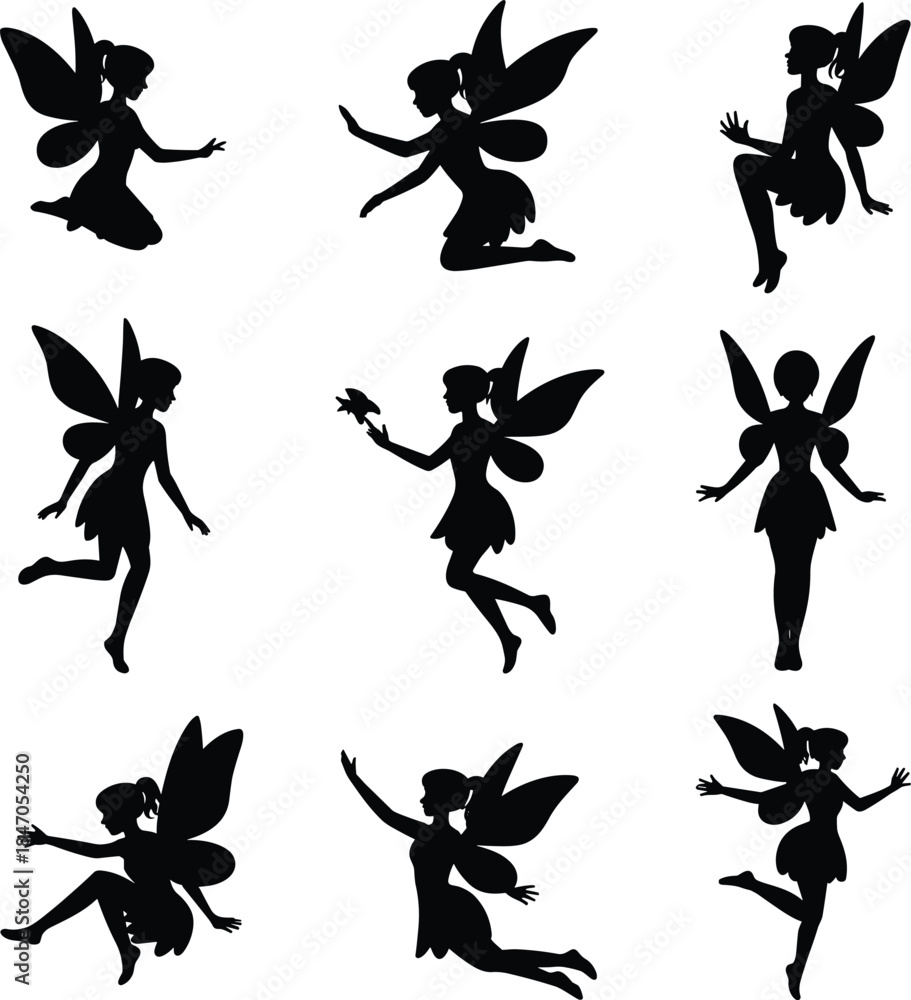 Obraz premium Silhouette of a Fairy Character in Various Poses black