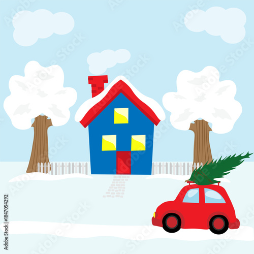 A red car brought a green Christmas tree to a blue house on a winter day. The concept of Christmas and New Year.