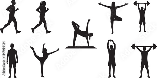 Diverse silhouettes of people exercising yoga running weightlifting and dancing