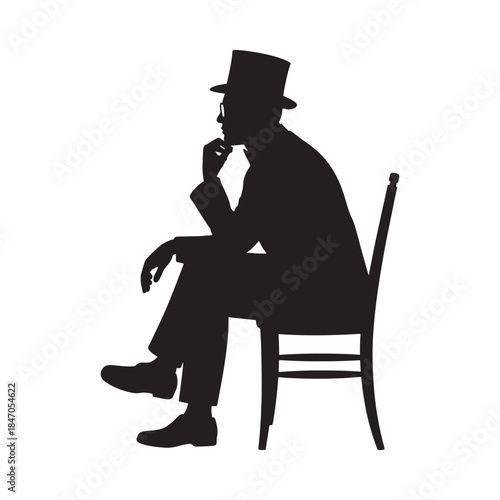 A silhouette of a man in a top hat deep in thought seated on a