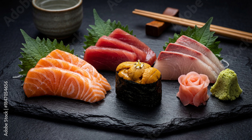 An exquisite presentation of Japanese sashimi and sushi on a black slate platter, featuring salmon, tuna, hamachi, uni (sea urchin), ginger, and wasabi on a dark background.