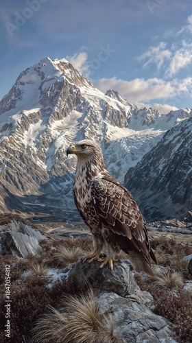 Detailed eagle standing on rock before dramatic snow‑capped mountains.