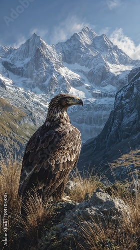 Detailed eagle standing on rock before dramatic snow‑capped mountains.