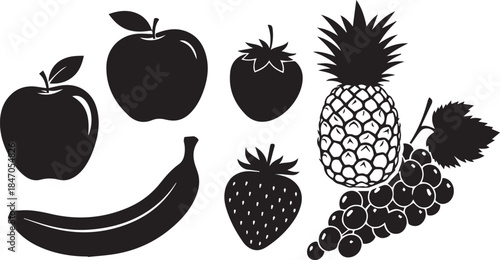 Collection of fresh healthy fruit silhouettes including apples banana strawberry pineapple and grapes