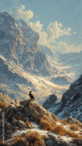 Detailed eagle standing on rock before dramatic snow‑capped mountains.