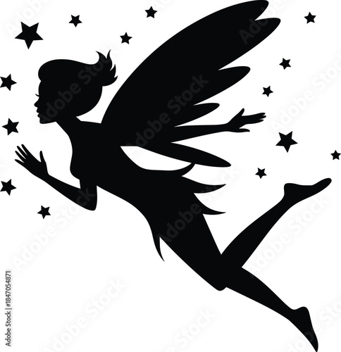 Silhouette of a flying girl with large wings and stars