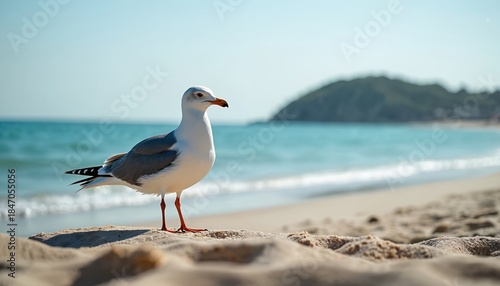 White and grey seagull stands on sandy beach near bright blue ocean. Gentle waves wash shore under clear sky. Distant hill overlooks coastal town on sunny day.