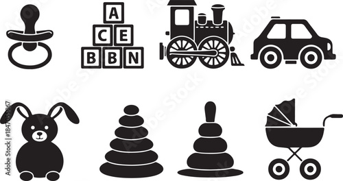 Set of black and white icons representing baby and toddler toys, including a pacifier, alphabet blocks, a train, a car, a stuffed bunny, stacking rings, and a baby carriage
