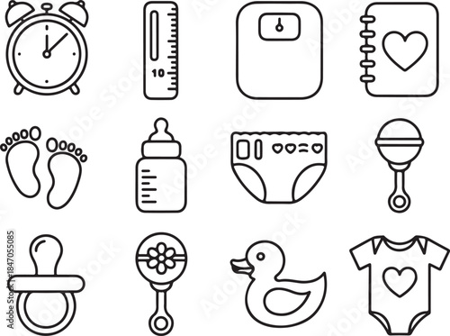 Set of 12 outline icons for baby care and newborn essentials alarm clock, thermometer, scale, diary, footprints, bottle, diaper, rattle, pacifier, toy, duck, and bodysuit