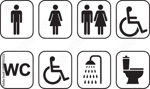 Set of eight black and white icons for restrooms, toilets, showers, and accessibility, including male, female, unisex, wc, and wheelchair symbols