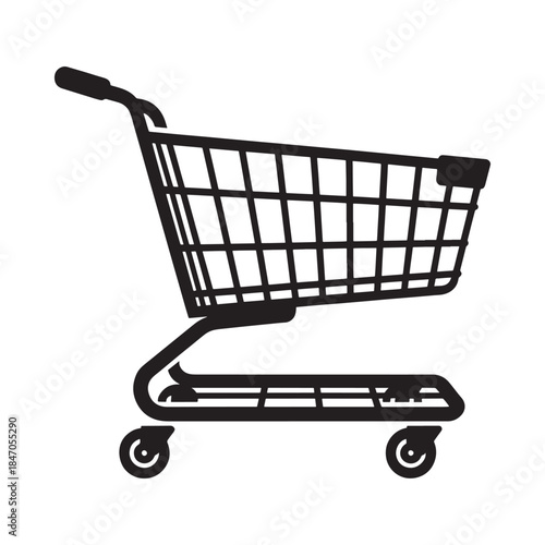 Simple black and white illustration of an empty shopping cart or trolley