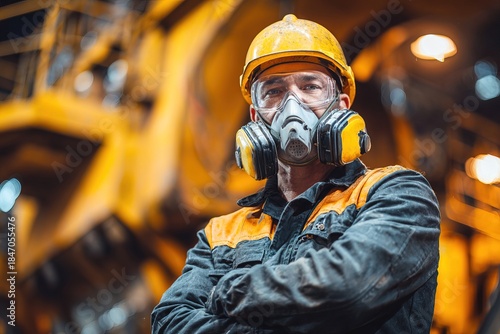 person wearing helmet and mask stands in front of large industrial machines inside factory. worker is focused and shows readiness for work ahead