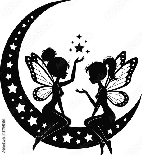 Two Fairy Girls Sitting on Crescent Moon with Stars