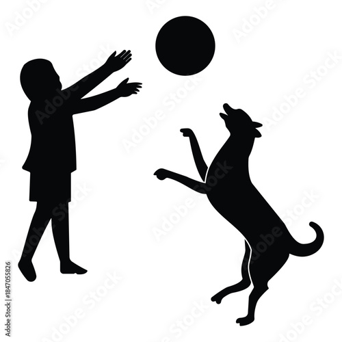 Little boy playing ball with his dog. Silhouette of boy and dog playing together. Silhouette of boy, dog and ball bector. Vector illustration of boy playing ball with his dog.