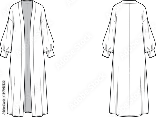 Long open abaya technical flat, front and back view, modest fashion garment illustration template design