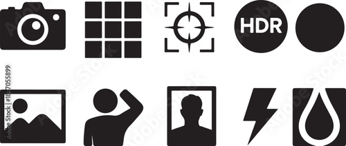 Set of black and white camera and photography icons, including camera, grid, focus, hdr, image, person, portrait, flash, and water drop symbols