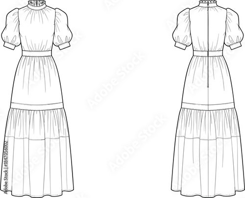 Women high neck puff sleeve tiered maxi dress technical fashion illustration with gathered waist front and back views