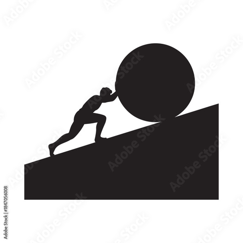 A silhouette of a man struggling to push a large boulder uphill