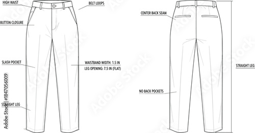 Women high waist straight leg pants technical line illustration front and back view fashion apparel vector