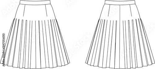 Women high waist pleated skirt technical line illustration front and back view classic fashion apparel vector sketch