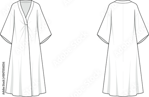 Women kaftan dress technical flat, front and back view, fashion apparel template, loose fit long gown illustration