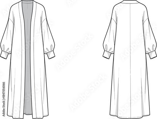 Women long robe technical flat, front and back view, fashion apparel template, loose fit outerwear illustration