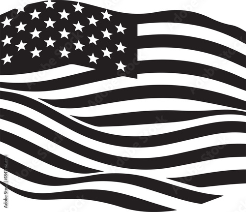 Waving american flag silhouette in black and white