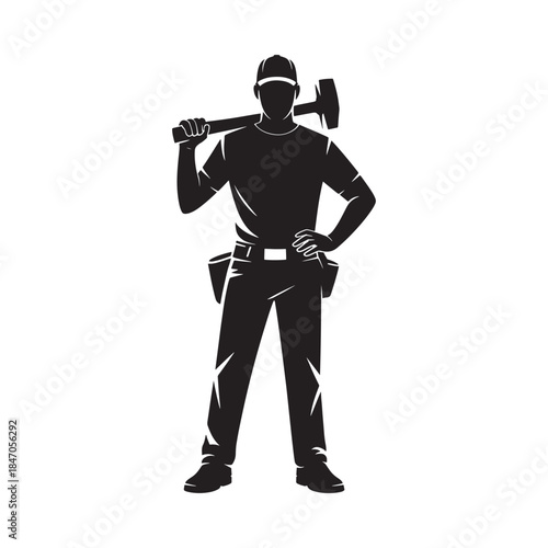 Silhouette of a construction worker holding a hammer over his shoulder