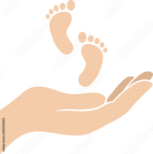 Baby footprints above caring hand illustration symbolizing newborn protection, parental love, childcare support, family safety and gentle parenting concept