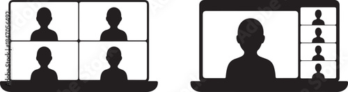 Silhouette icons of laptops displaying video conference calls with multiple participants in grid view and speaker view, representing online meeting technology and remote communication
