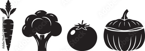 Simple silhouette icons of fresh carrot broccoli tomato and pumpkin vegetables collection