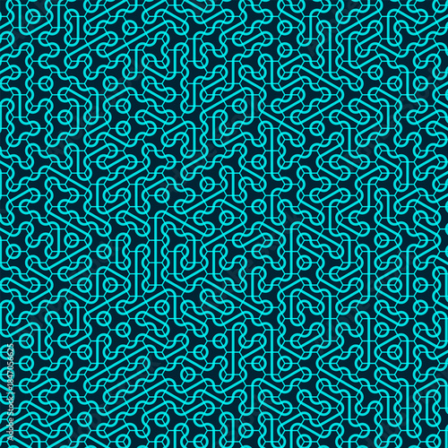 A complex geometric pattern with intertwining lines and circular elements forming an endless grid. Fine colored lines on a dark background.