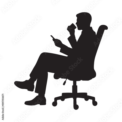 Silhouette of a man in a suit sitting and drinking coffee while reading