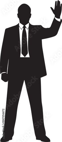 Silhouette of a businessman in a suit waving hello or goodbye