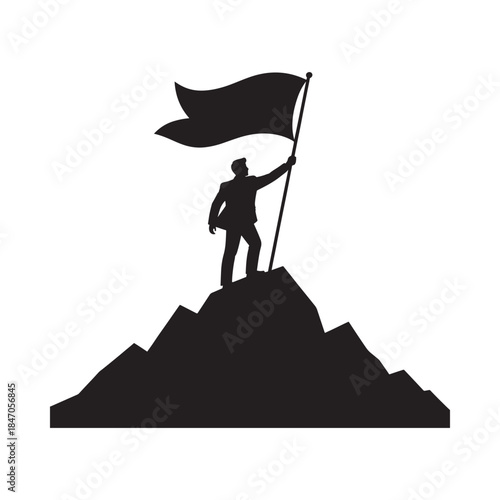 Silhouette of a person raising a flag atop a rocky mountain peak