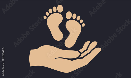 Hand holding baby footprints icon symbolizing child care, parental protection, newborn support, family love, safety and parenting concept illustration